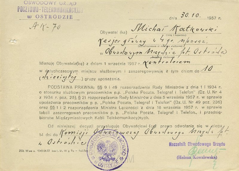 KKE 5583.jpg - Dok. Pismo z Obwodowego Urzędu Pocztowo-Telekomunijkacyjnego w Ostródzie do Michała Katkowskiego dotyczące awansu zawodowego, Ostróda, 30 X 1957 r.